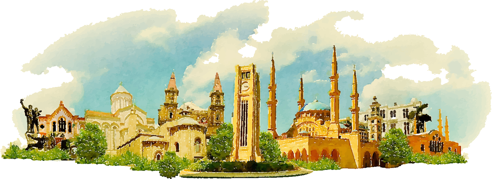 An illustration of Beirut landmarks, including a clock towers, multiple mosques, and statues.