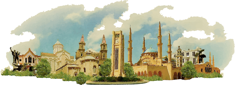 An illustration of Beirut landmarks, including a clock towers, multiple mosques, and statues.
